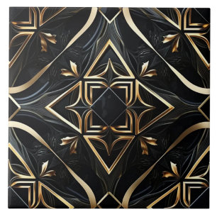 Abstract Black and Gold - Modern Geometric Art Tile