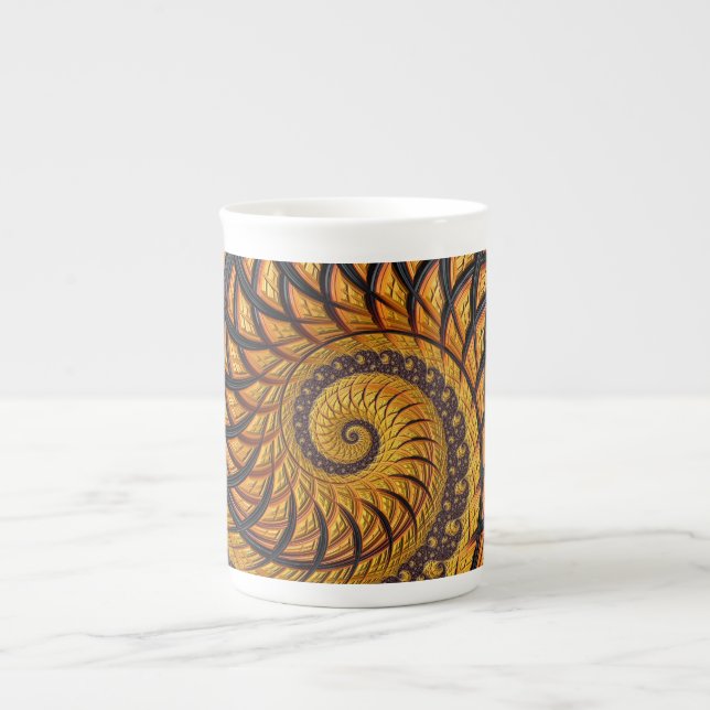 Abstract Black and Gold Spiral Fractal Bone China Mug (Front)