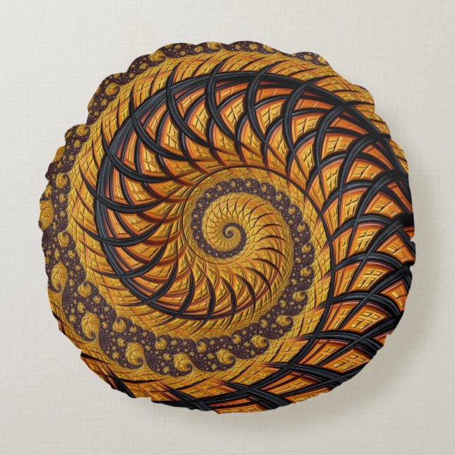 Abstract Black and Gold Spiral Fractal Round Cushion (Front)