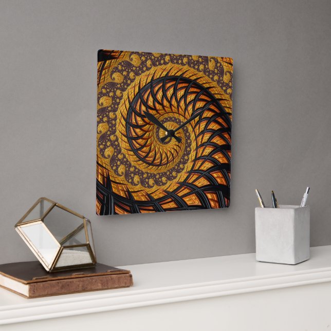 Abstract Black and Gold Spiral Fractal Square Wall Clock (Office)