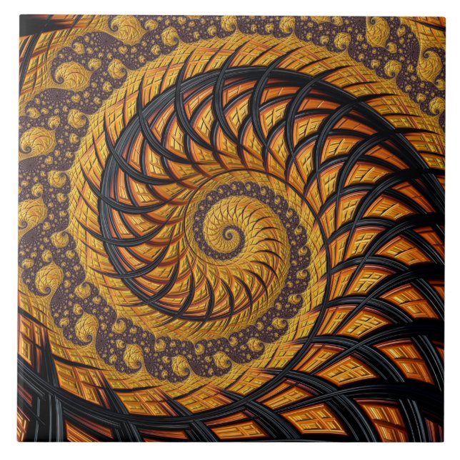Abstract Black and Gold Spiral Fractal Tile (Front)