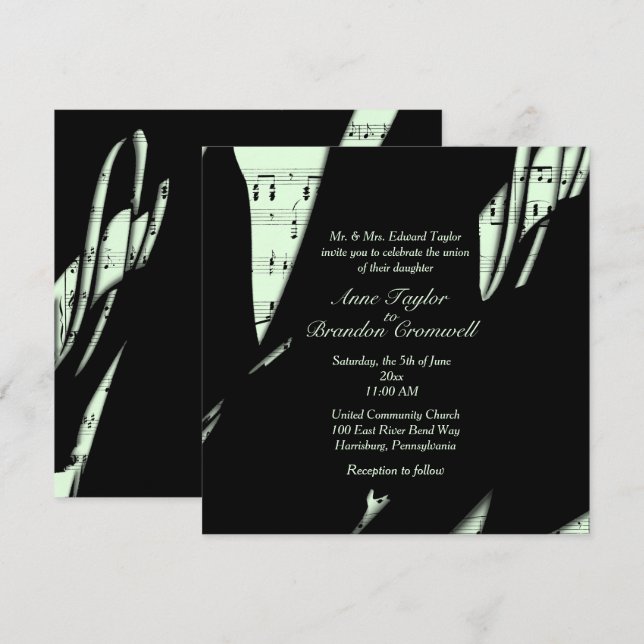 Abstract Black and Green Music Wedding Invitation (Front/Back)