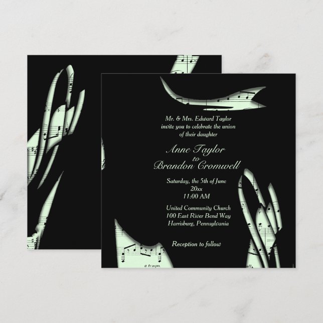 Abstract Black and Green Music Wedding Invitation (Front/Back)