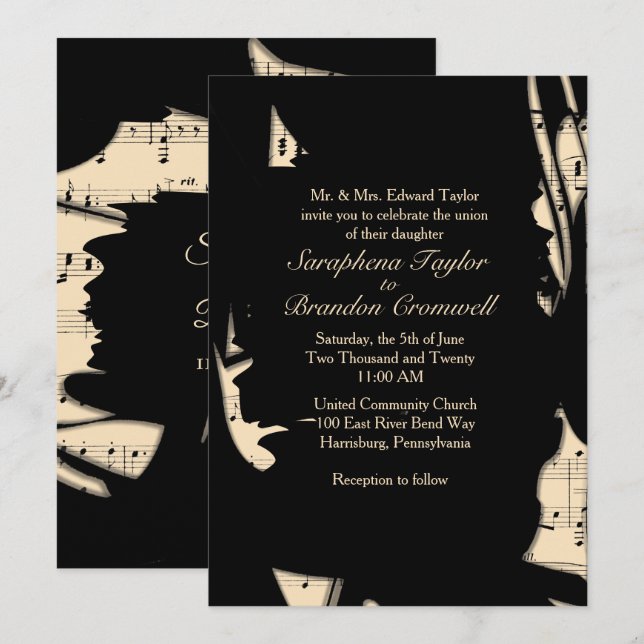 Abstract Black and Peach Music Wedding Invitation (Front/Back)