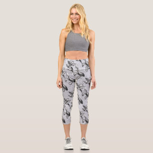 Abstract black and white flowers on abstract silve capri leggings