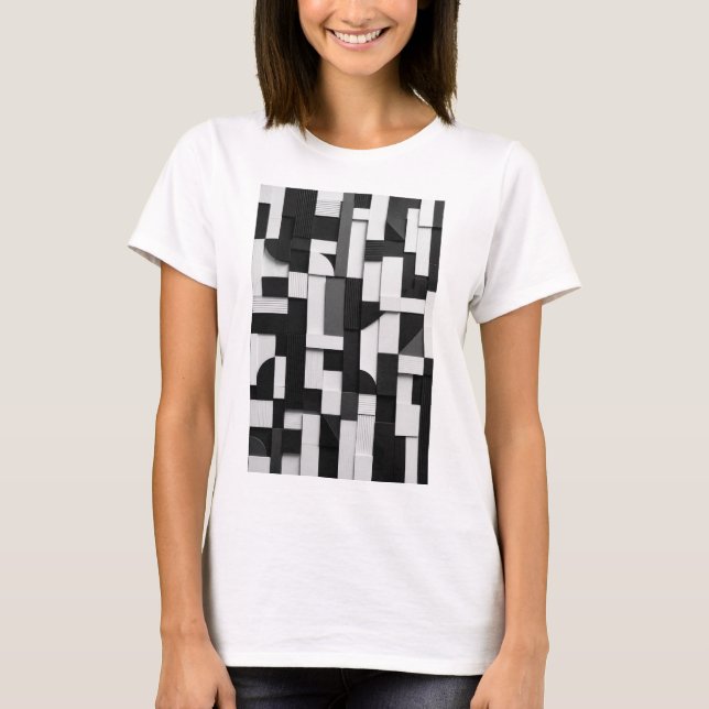 Abstract Black and White Geometric 3D Composition  T-Shirt (Front)