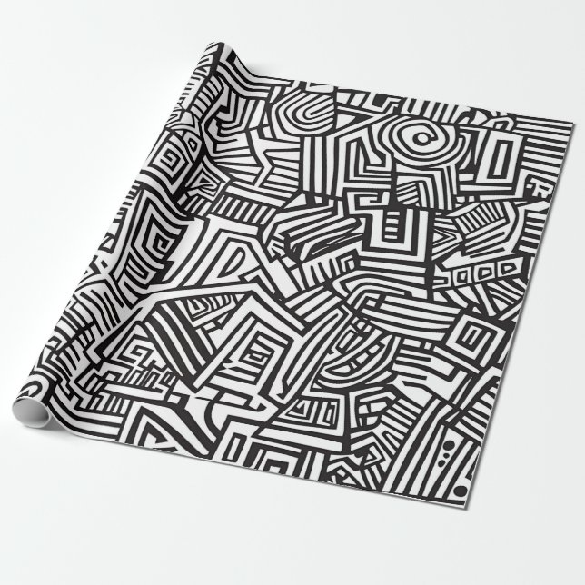 Abstract Black and White Geometric Line Pattern Wrapping Paper (Unrolled)