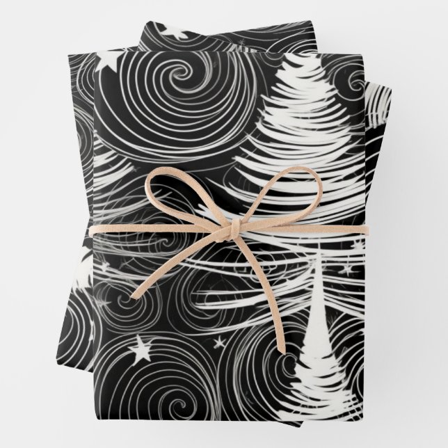 Abstract Black and White Holidays Trees Magnet Wrapping Paper Sheet (In situ)