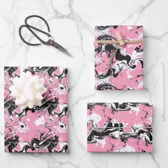 Abstract Black and White Ink Swirl on Soft Pink Wrapping Paper Sheet (Front)