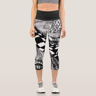 Abstract black and white line tangle capri leggings