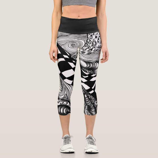 Abstract black and white line tangle capri leggings (Front)