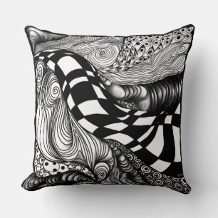Abstract black and white line tangle cushion