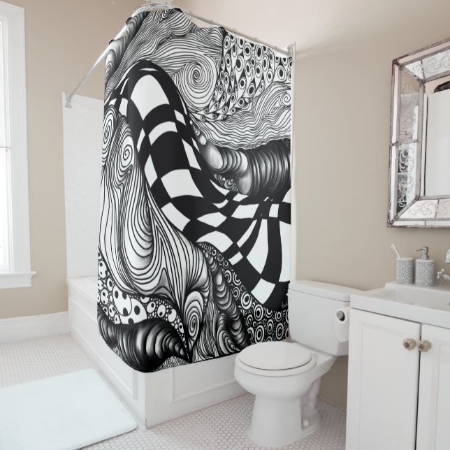 Abstract black and white line tangle shower curtain (In Situ)