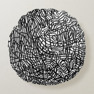 Abstract Black and White Lines Pattern Round Cushion