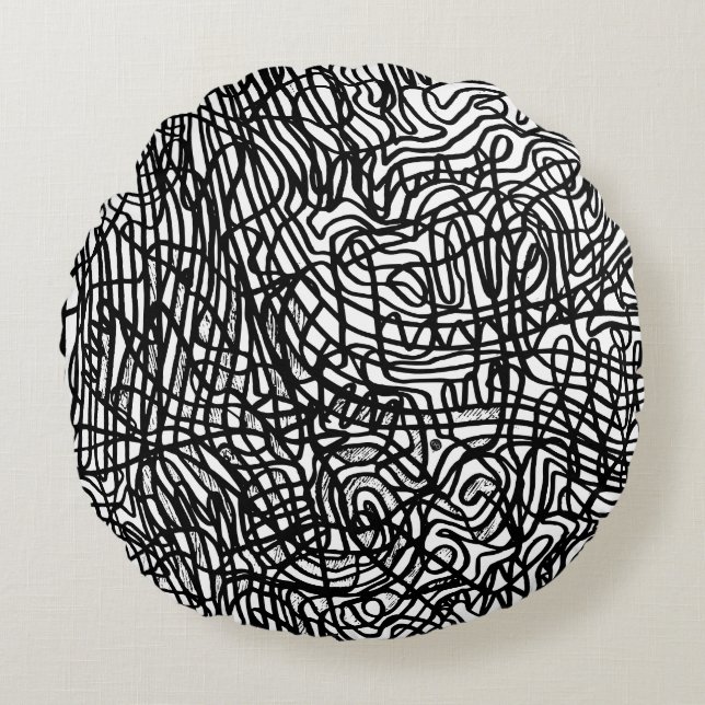 Abstract Black and White Lines Pattern Round Cushion (Front)