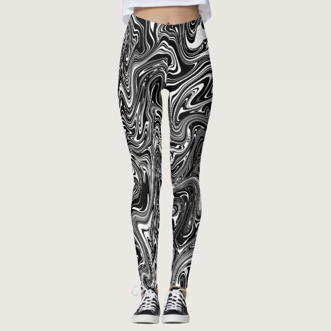 Abstract Black and White Liquid Marble Leggings (Front)