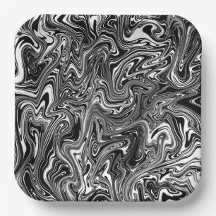 Abstract Black and White Liquid Marble Paper Plate