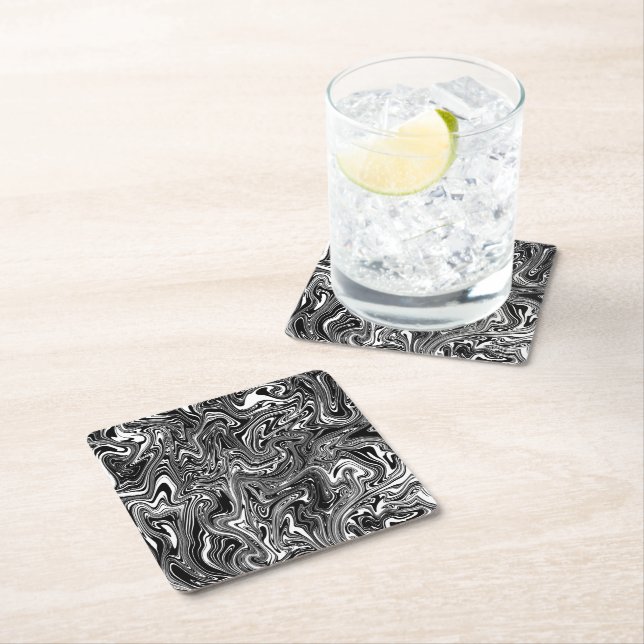 Abstract Black and White Liquid Marble Square Paper Coaster (Insitu)