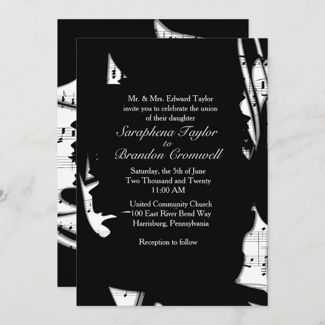 Abstract Black and White Music Wedding Invitation (Front/Back)