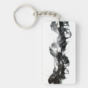 Abstract Black and White Paint Pour Fluid Art Key Ring