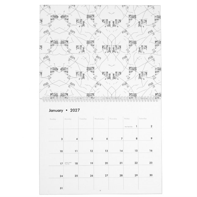 Abstract black and white pattern with repeating, s calendar (Jan 2027)