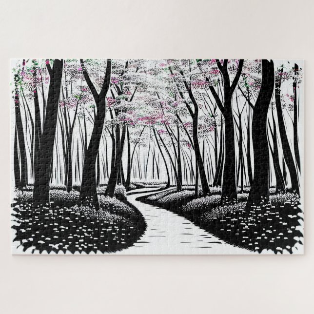 Abstract Black and White Silhouette Forest Path Jigsaw Puzzle (Horizontal)