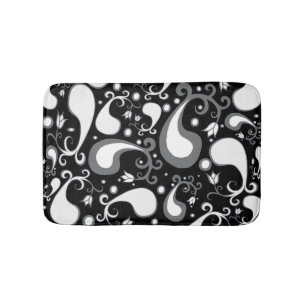 Abstract black and white Tulip Paisley Floral Bath Mat