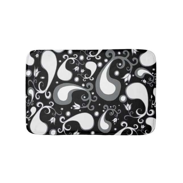 Abstract black and white Tulip Paisley Floral Bath Mat (Front)