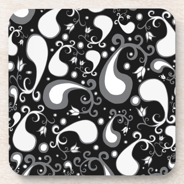Abstract black and white Tulip Paisley Floral Coaster (Front)