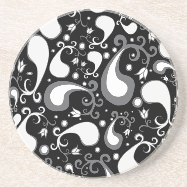 Abstract black and white Tulip Paisley Floral Coaster (Front)
