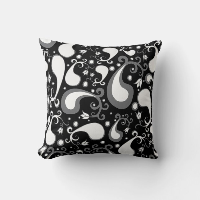 Abstract black and white Tulip Paisley Floral Cushion (Front)