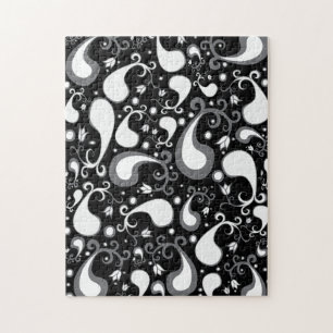 Abstract black and white Tulip Paisley Floral Jigsaw Puzzle