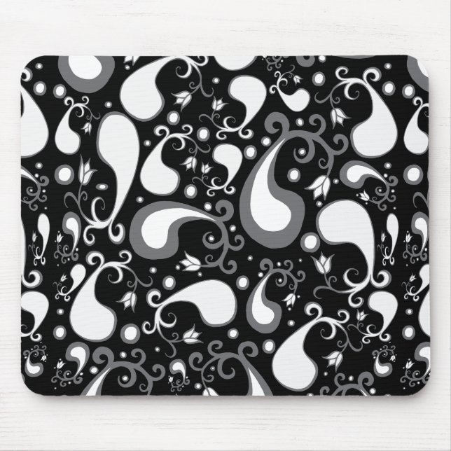 Abstract black and white Tulip Paisley Floral Mouse Mat (Front)