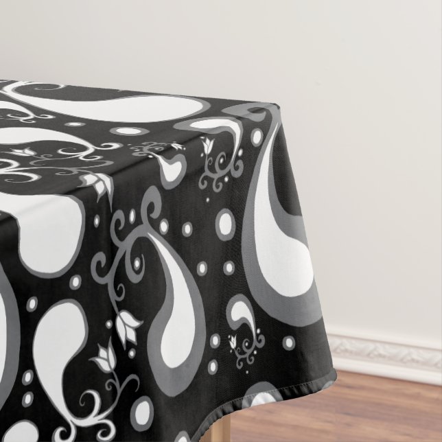 Abstract black and white Tulip Paisley Floral Tablecloth (In Situ)