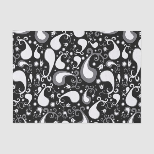 Abstract black and white Tulip Paisley Floral Tissue Paper (Front)