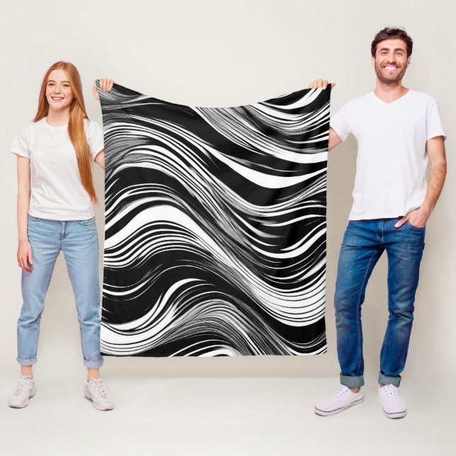 Abstract Black and White Wave Fleece Blanket (In Situ)