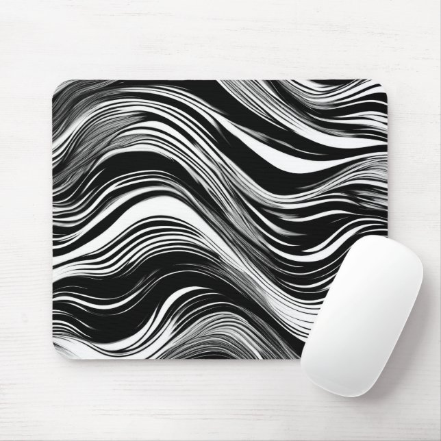 Abstract Black and White Wave Mouse Mat (With Mouse)