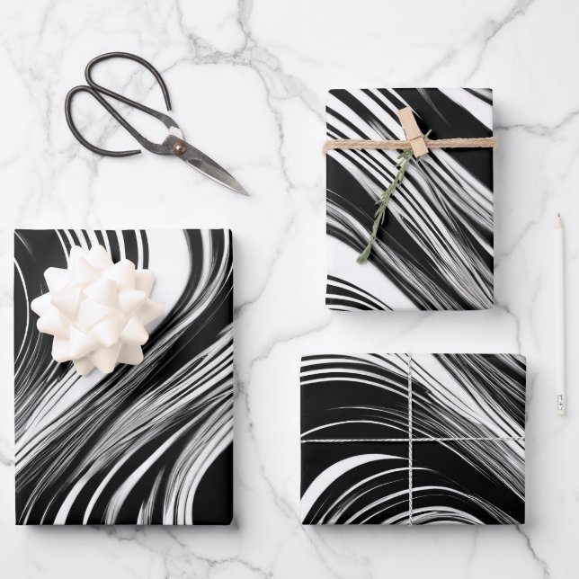 Abstract Black and White Wave Wrapping Paper Sheet (Front)
