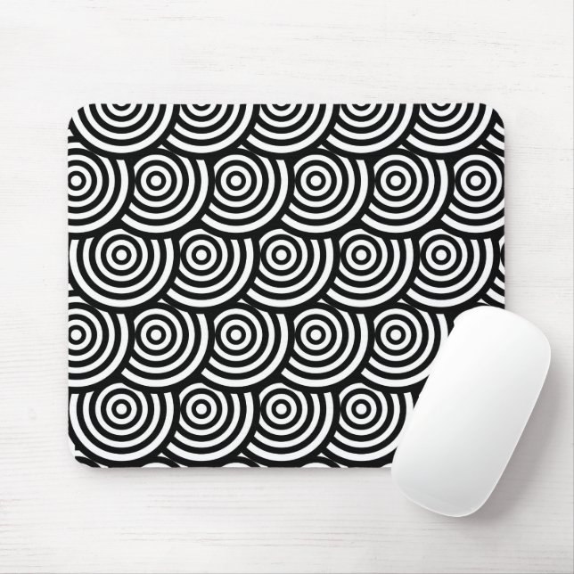 Abstract Black and White Wavy Circles  Mouse Mat (With Mouse)