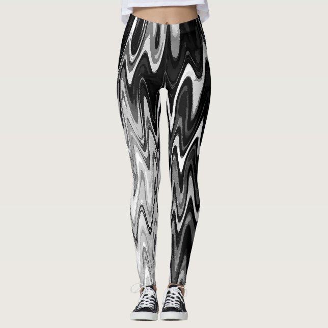 Abstract Black and White Wavy Pattern Leggings (Front)