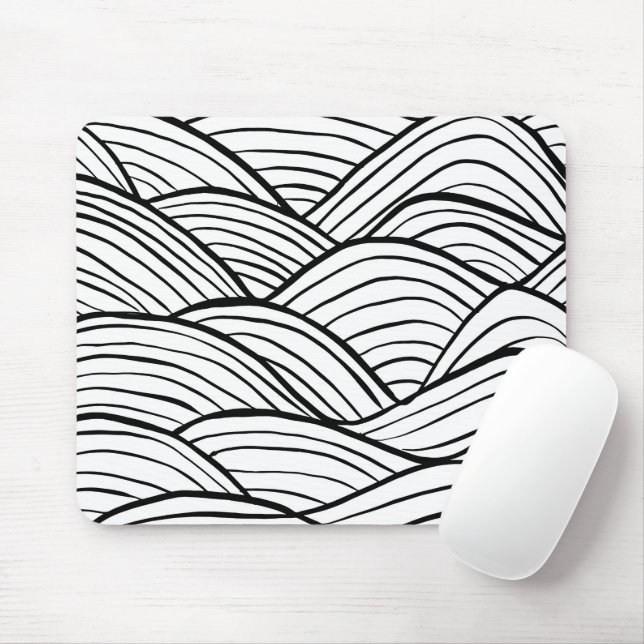 Abstract Black and White Wavy Stripes Mouse Mat (With Mouse)