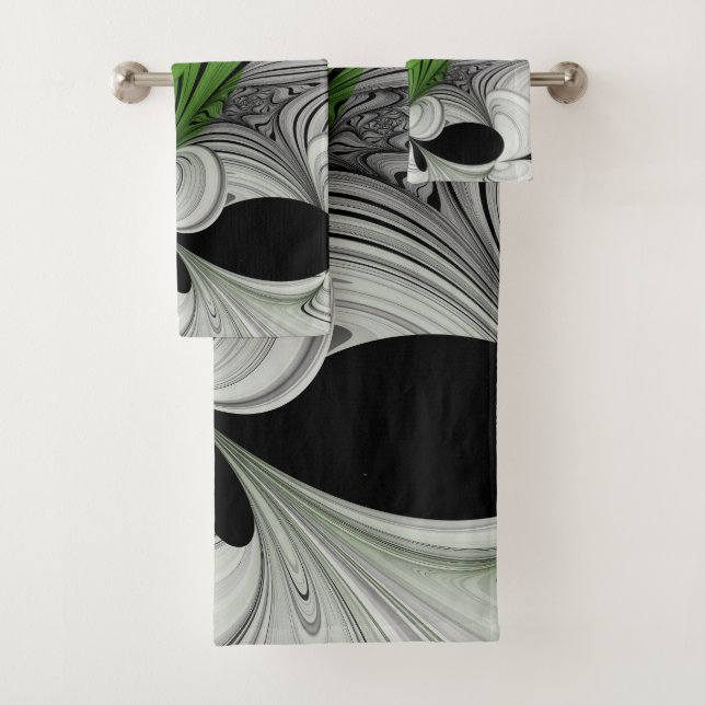 Abstract Black and White with Green Fractal Art Bath Towel Set (Insitu)