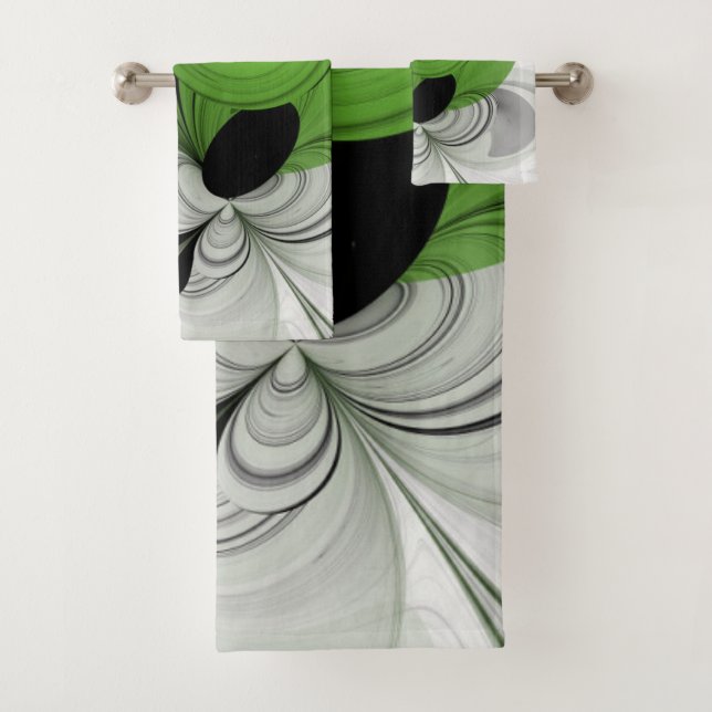 Abstract Black and White with Green Fractal Art Bath Towel Set (Insitu)