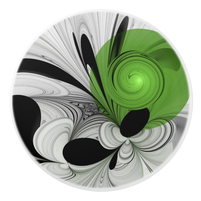 Abstract Black and White with Green Fractal Art Ceramic Knob (Front)