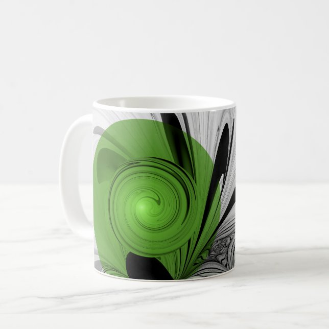Abstract Black and White with Green Fractal Art Coffee Mug (Front Left)