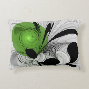 Abstract Black and White with Green Fractal Art Decorative Cushion