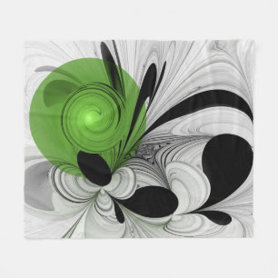 Abstract Black and White with Green Fractal Art Fleece Blanket