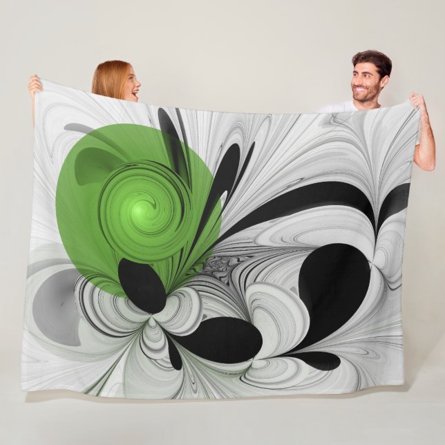 Abstract Black and White with Green Fractal Art Fleece Blanket (In Situ)