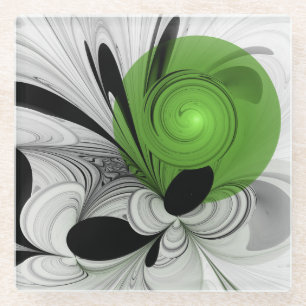 Abstract Black and White with Green Fractal Art Glass Coaster
