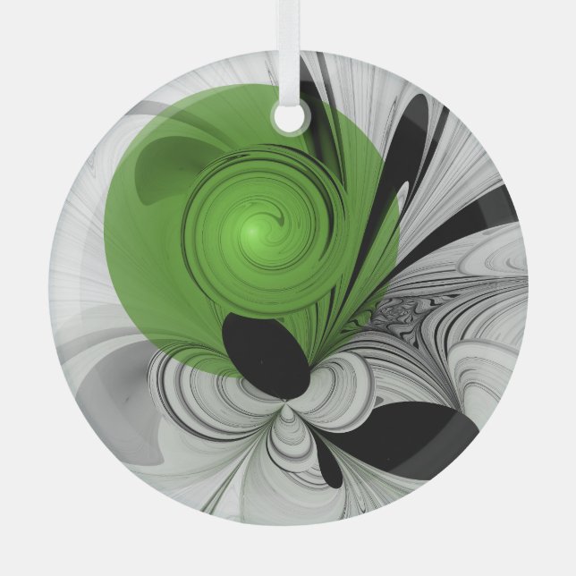 Abstract Black and White with Green Fractal Art Glass Tree Decoration (Front)